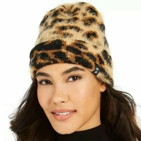 DKNY Fuzzy Animal Print Beanie Knit Hat Leopard Print