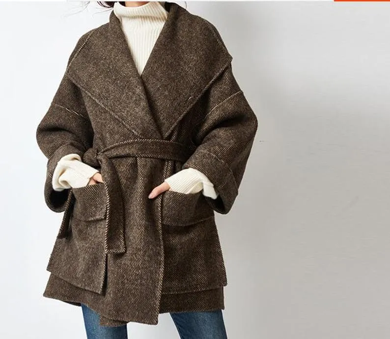 Double Face Women Coat ,Loose Wool Women Coat,Wool Coat Jacket With Waist Belt  10959