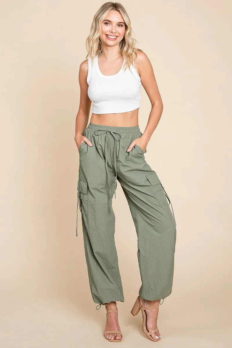 Drawstring Elastic Waist Cargo Pants with Pockets