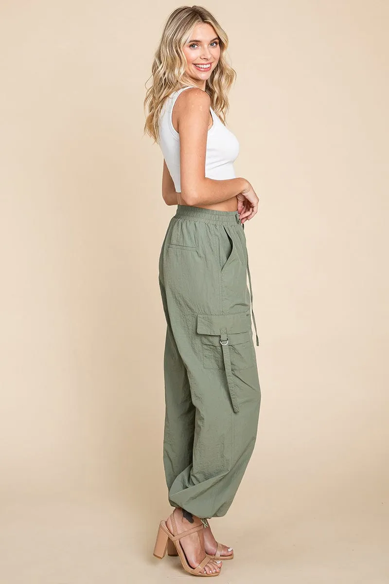 Drawstring Elastic Waist Cargo Pants with Pockets