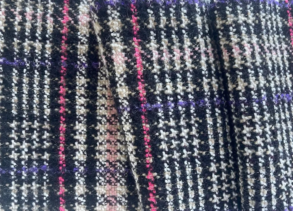 Dynamic Plaid Black, White, Carnation & Phlox Wool Blend Bouclé (Made in Italy)