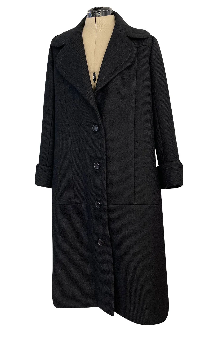 Elegant 1960s Jean Patou by Michel Goma Black Wool Coat w Top Stitching Details