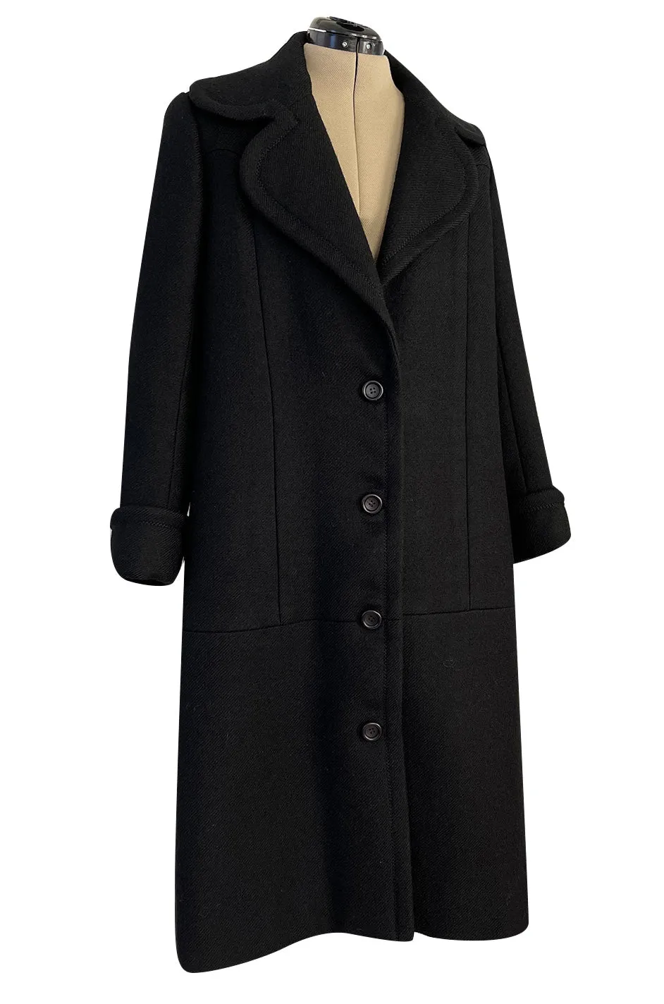 Elegant 1960s Jean Patou by Michel Goma Black Wool Coat w Top Stitching Details