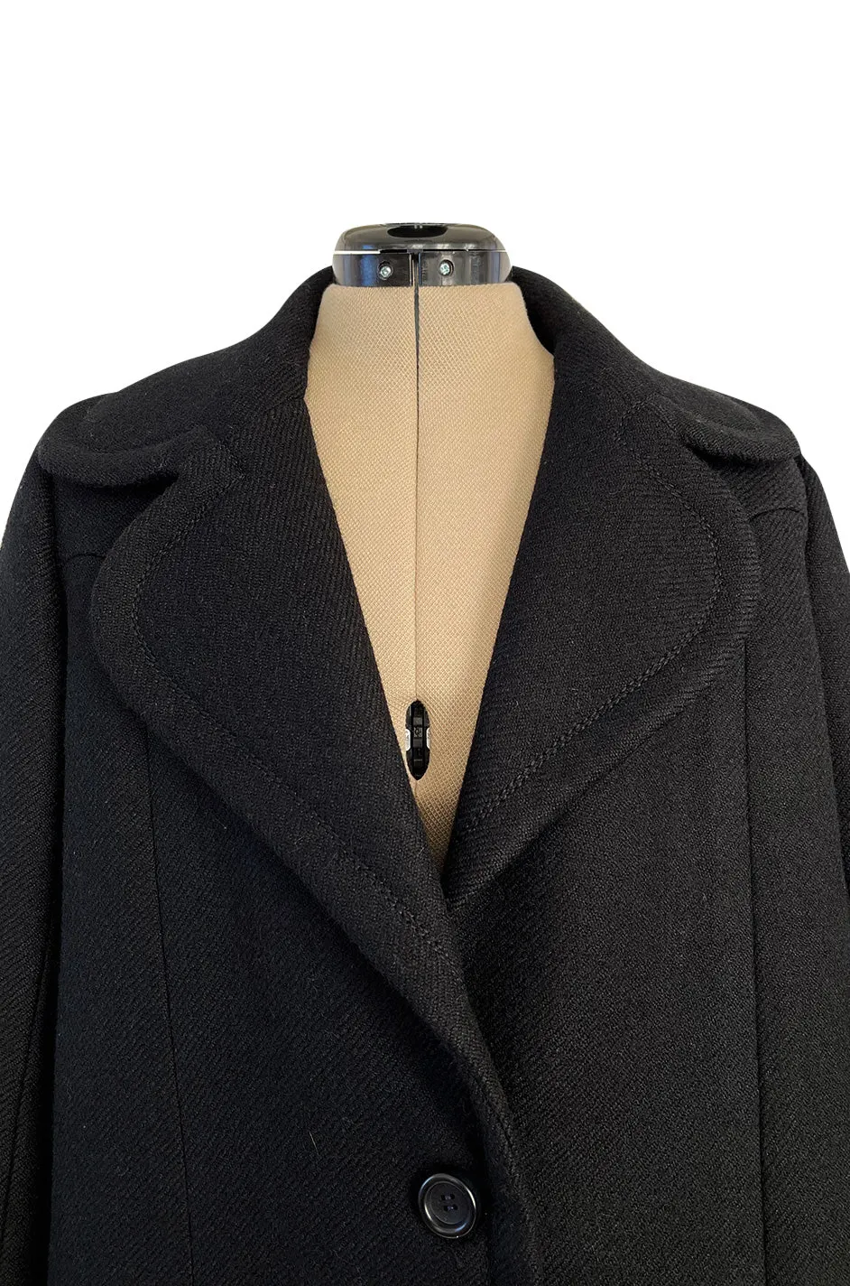 Elegant 1960s Jean Patou by Michel Goma Black Wool Coat w Top Stitching Details