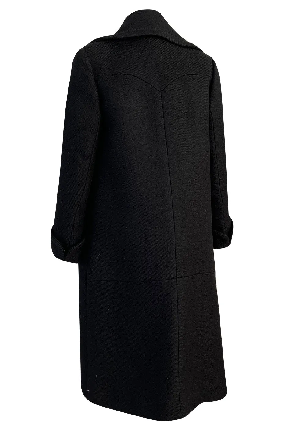 Elegant 1960s Jean Patou by Michel Goma Black Wool Coat w Top Stitching Details