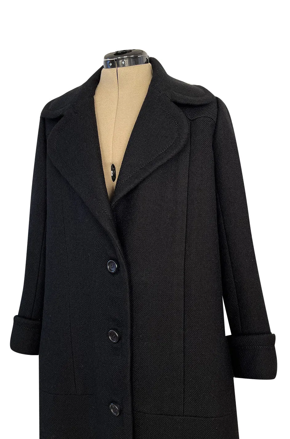 Elegant 1960s Jean Patou by Michel Goma Black Wool Coat w Top Stitching Details