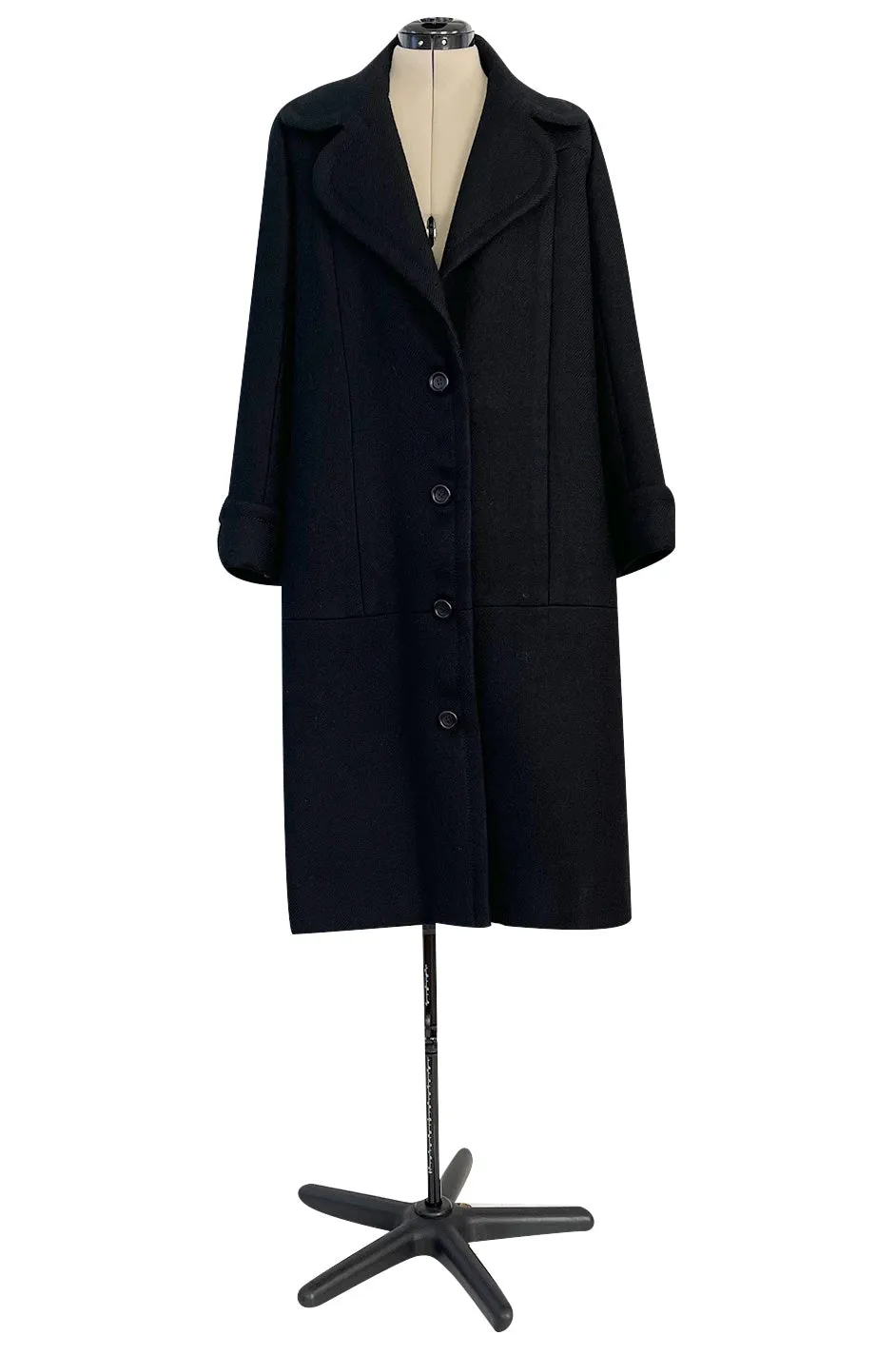 Elegant 1960s Jean Patou by Michel Goma Black Wool Coat w Top Stitching Details