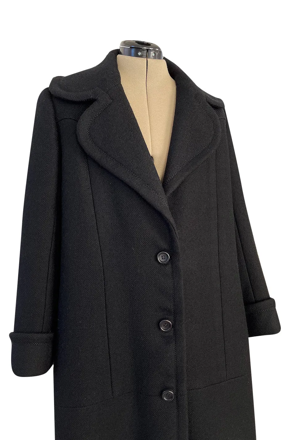 Elegant 1960s Jean Patou by Michel Goma Black Wool Coat w Top Stitching Details