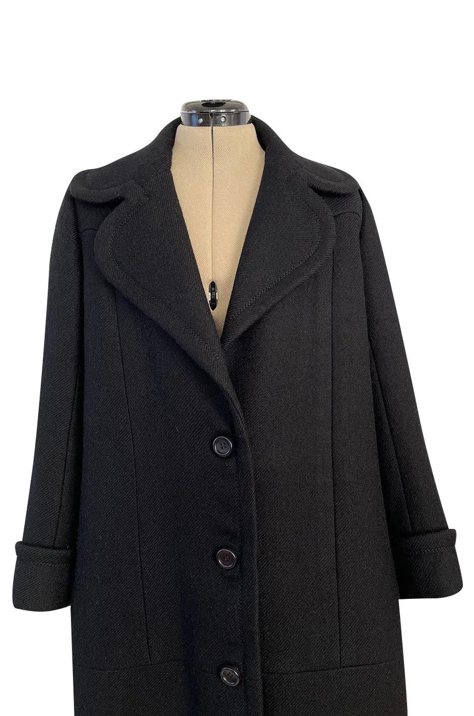 Elegant 1960s Jean Patou by Michel Goma Black Wool Coat w Top Stitching Details