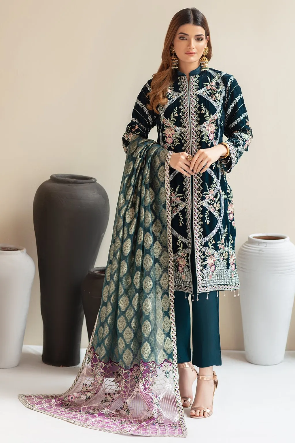 Embroidered Pakistani Dress in Bottle Green Shade #PF273