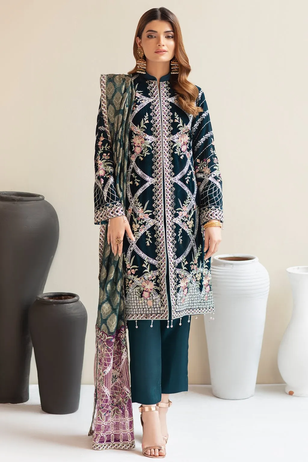 Embroidered Pakistani Dress in Bottle Green Shade #PF273