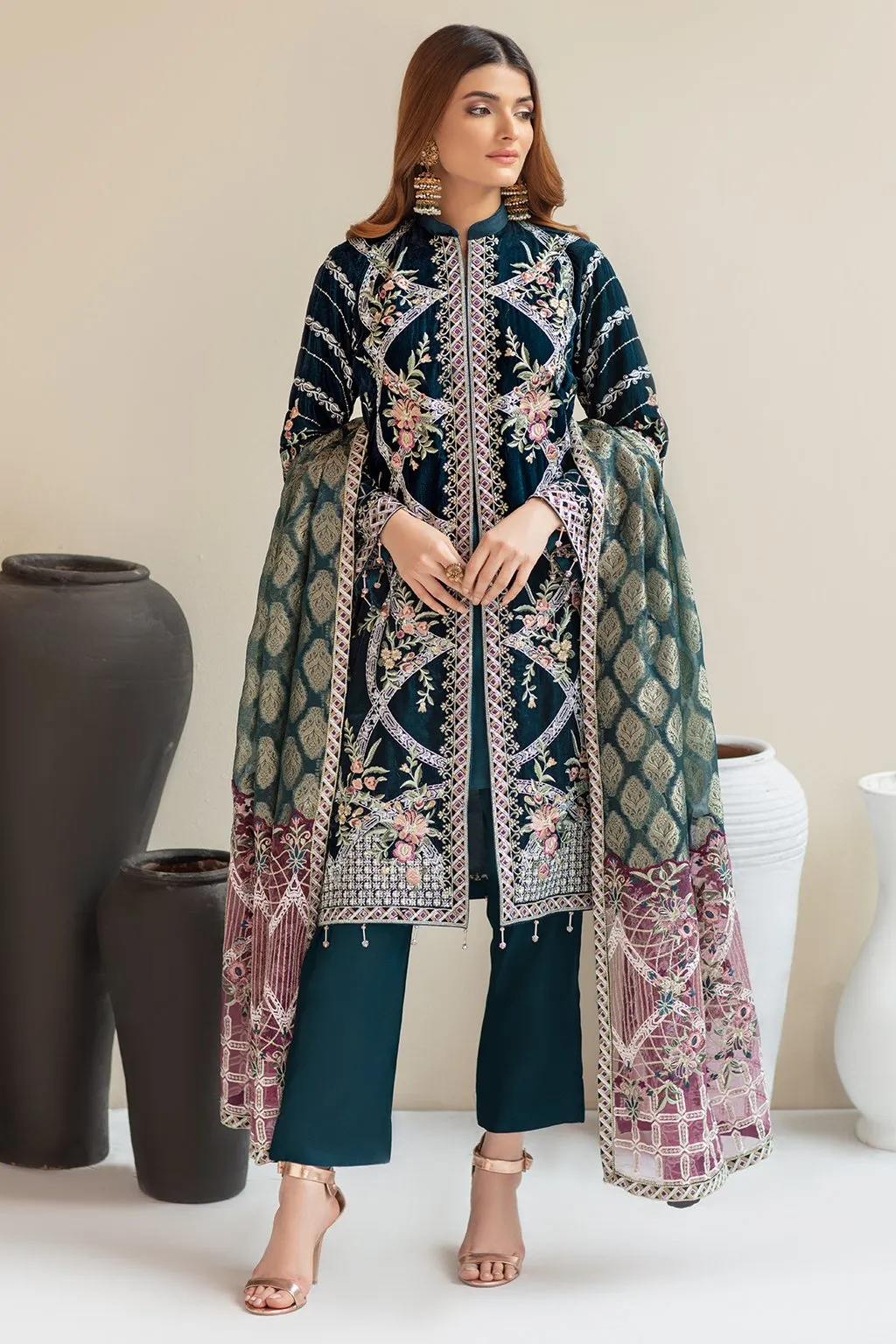 Embroidered Pakistani Dress in Bottle Green Shade #PF273