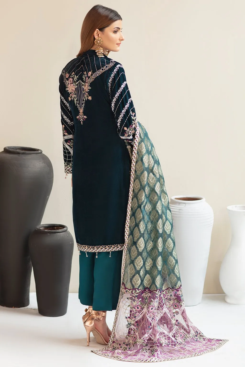 Embroidered Pakistani Dress in Bottle Green Shade #PF273