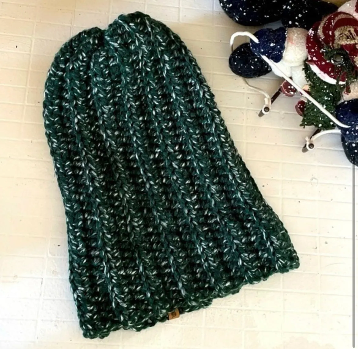 Extra Warm Ribbed Cable Knit Hat Forest Green & White Marbled Hand Crocheted Beanie 16.5" Winter Unisex Outdoor Stretch Adjustable Cuff