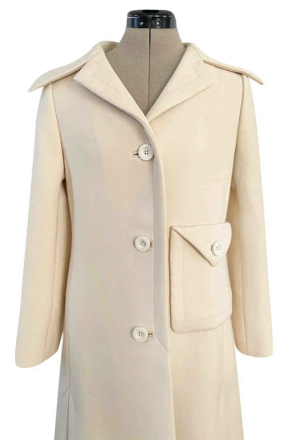 Fabulous 1960s Galanos Ivory Wool Tailored Coat w Front Pocket Detail & Arrow Stitched Seams