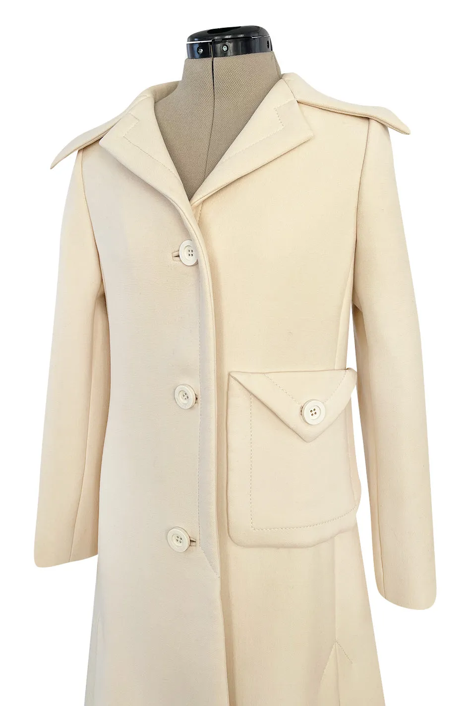 Fabulous 1960s Galanos Ivory Wool Tailored Coat w Front Pocket Detail & Arrow Stitched Seams