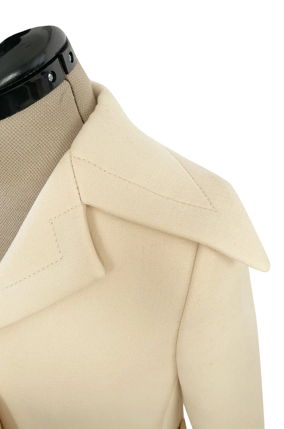 Fabulous 1960s Galanos Ivory Wool Tailored Coat w Front Pocket Detail & Arrow Stitched Seams