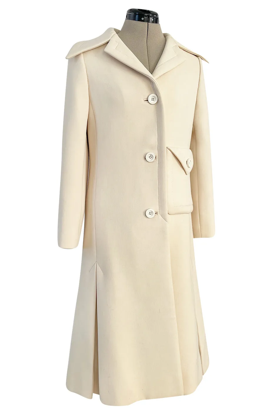 Fabulous 1960s Galanos Ivory Wool Tailored Coat w Front Pocket Detail & Arrow Stitched Seams