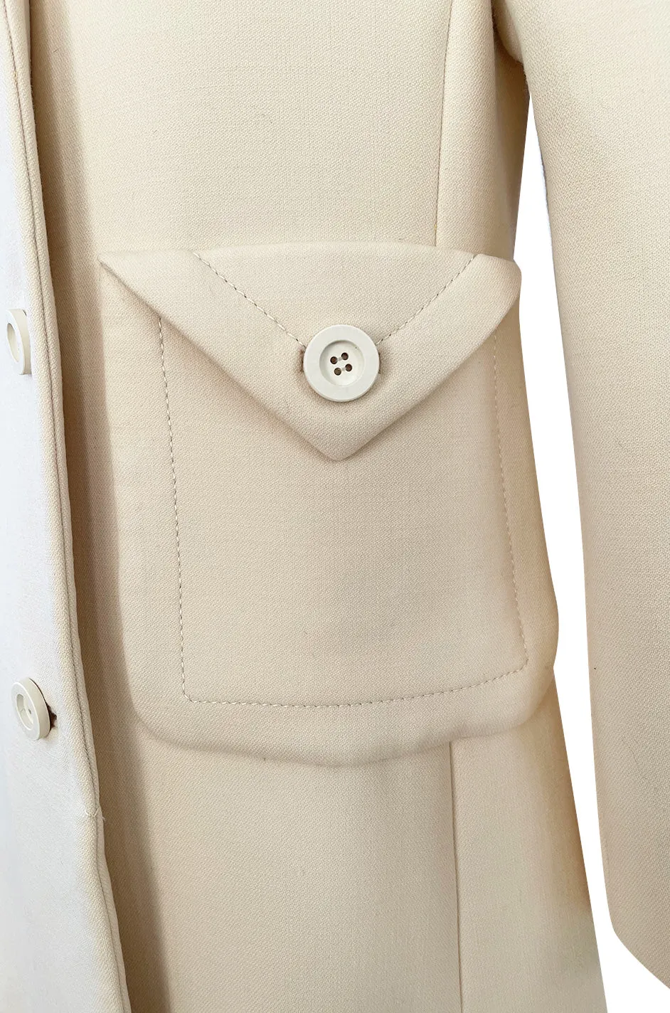 Fabulous 1960s Galanos Ivory Wool Tailored Coat w Front Pocket Detail & Arrow Stitched Seams