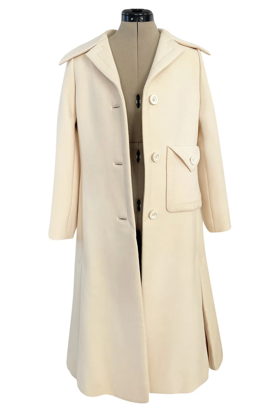 Fabulous 1960s Galanos Ivory Wool Tailored Coat w Front Pocket Detail & Arrow Stitched Seams