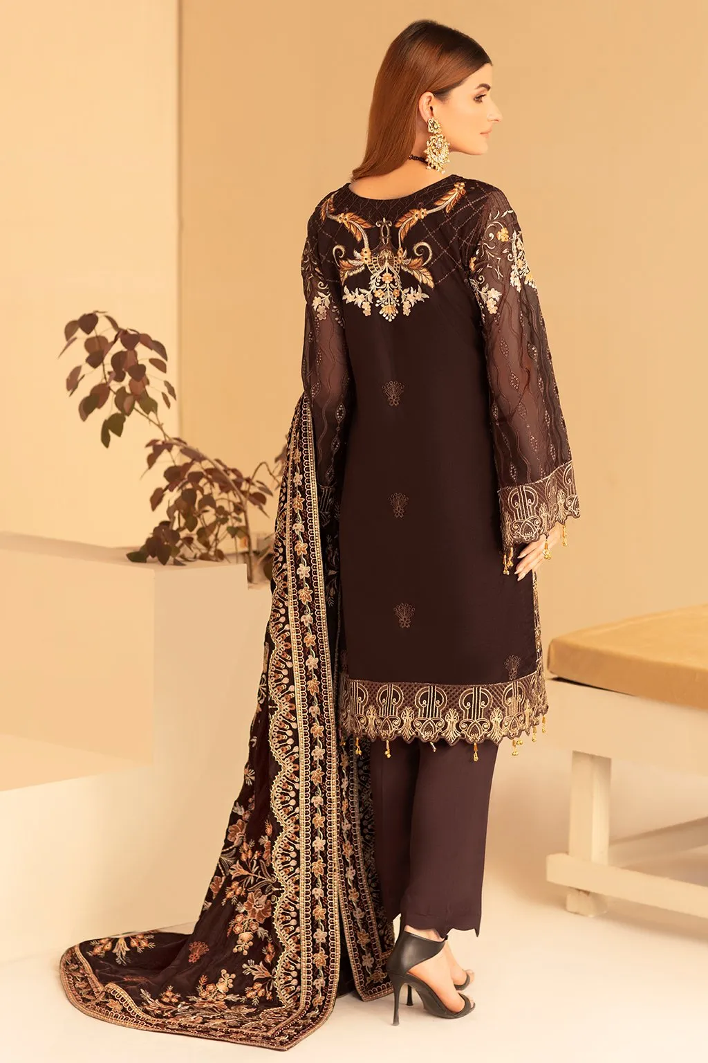 Fancy Pakistani Dress in Chocolate Brown Shade #PF274