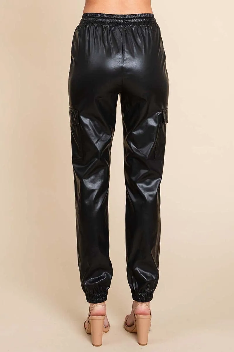 Faux Leather Drawstring Waist Pocketed Cargo Pants