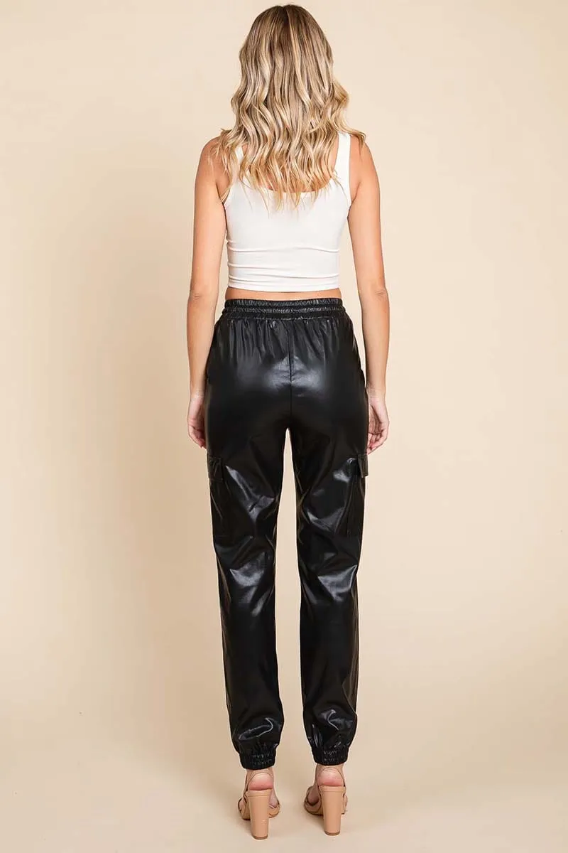 Faux Leather Drawstring Waist Pocketed Cargo Pants