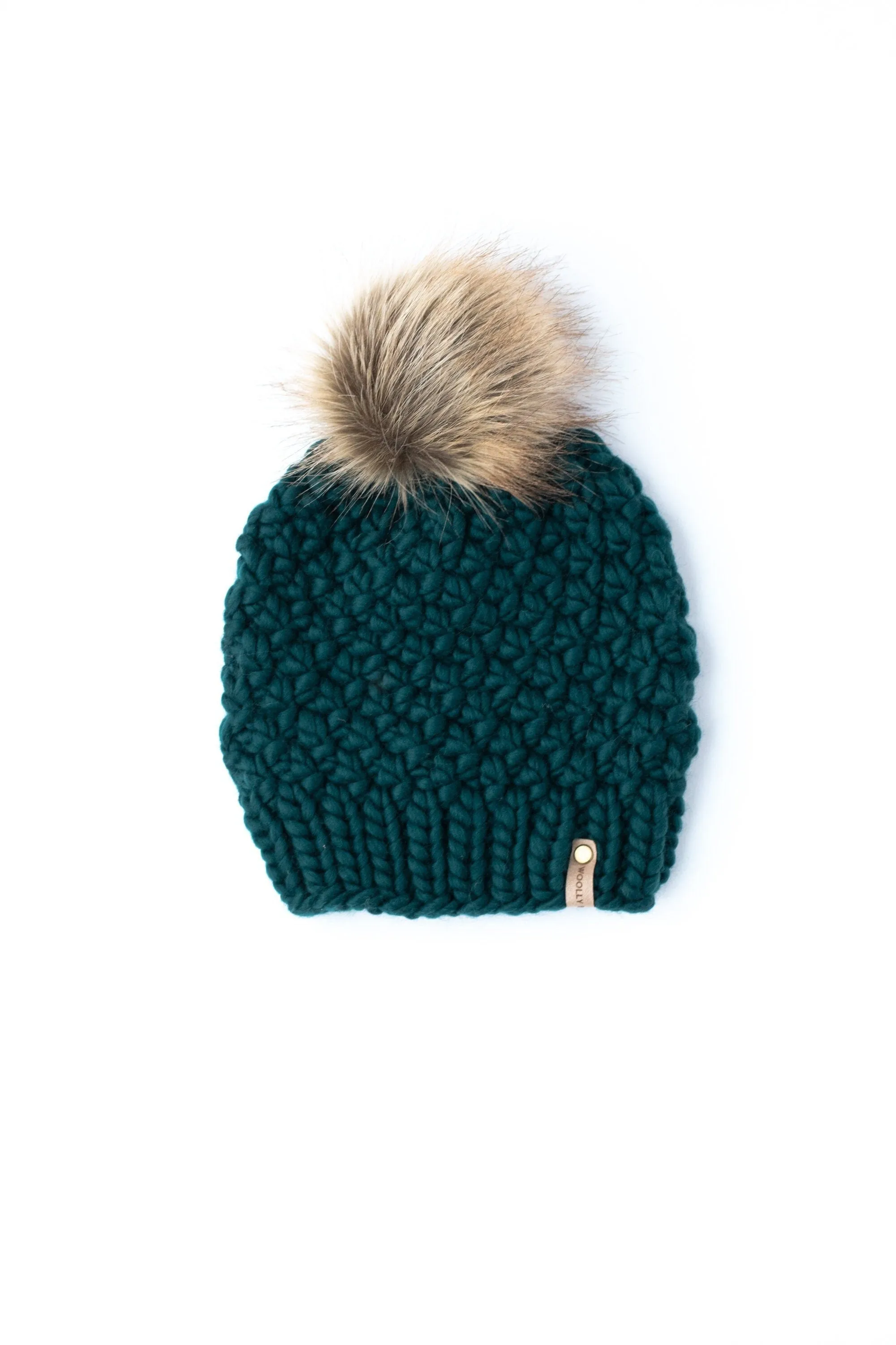 Forest Green Peruvian Wool Knit Hat with Faux Fur Pom Pom