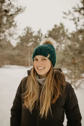 Forest Green Peruvian Wool Knit Hat with Faux Fur Pom Pom