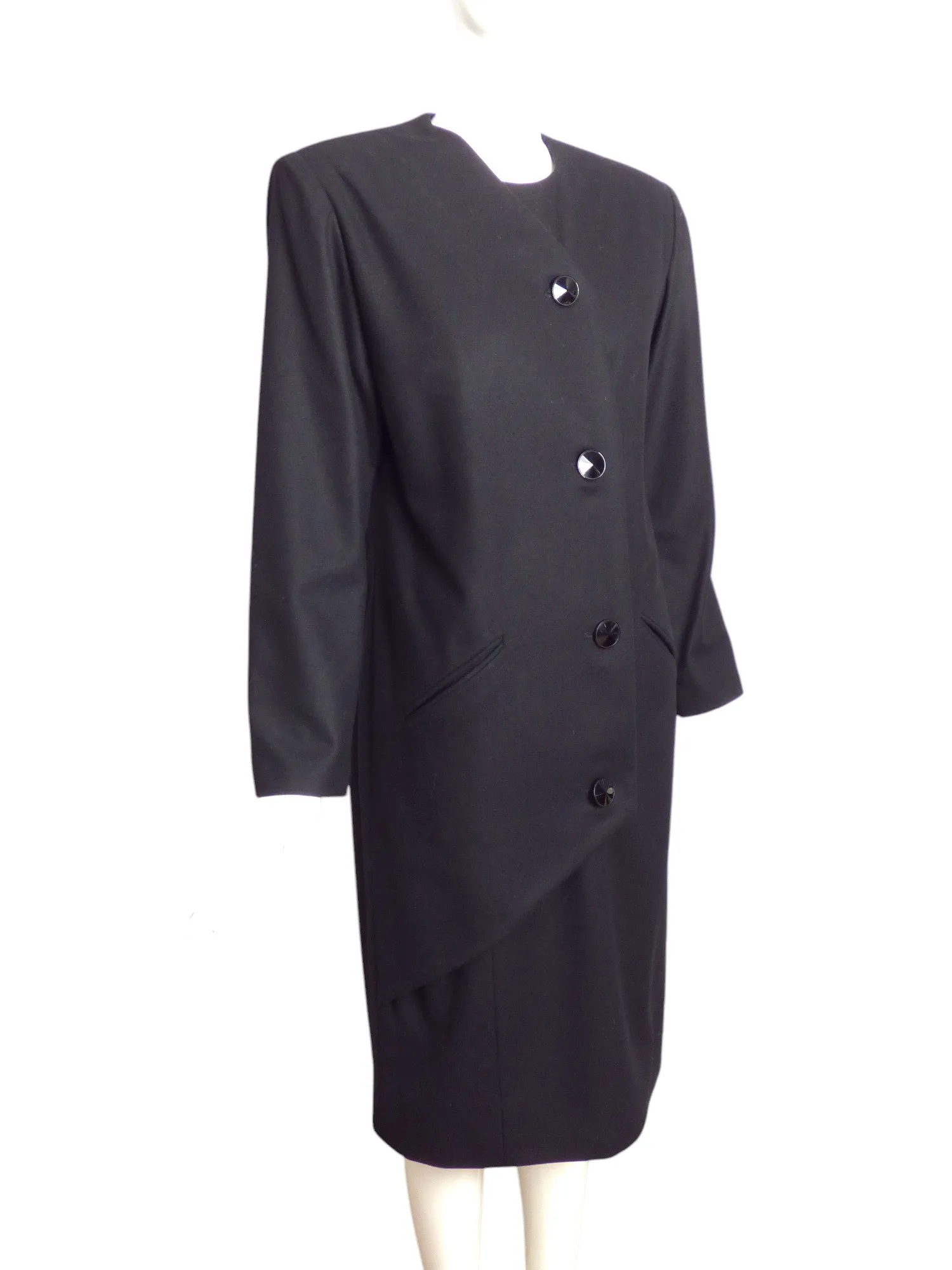 GALANOS- 1980s Black Wool Coat Dress, Size 10