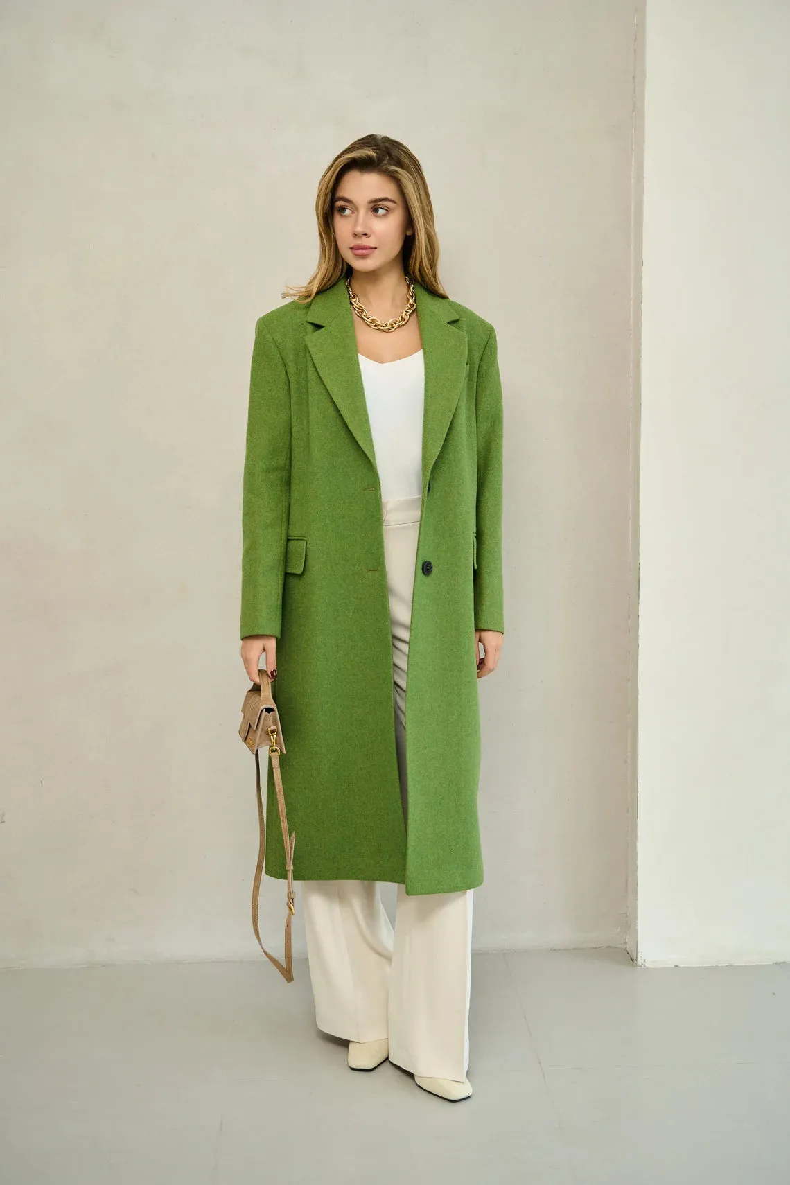 Grass green long wool coat