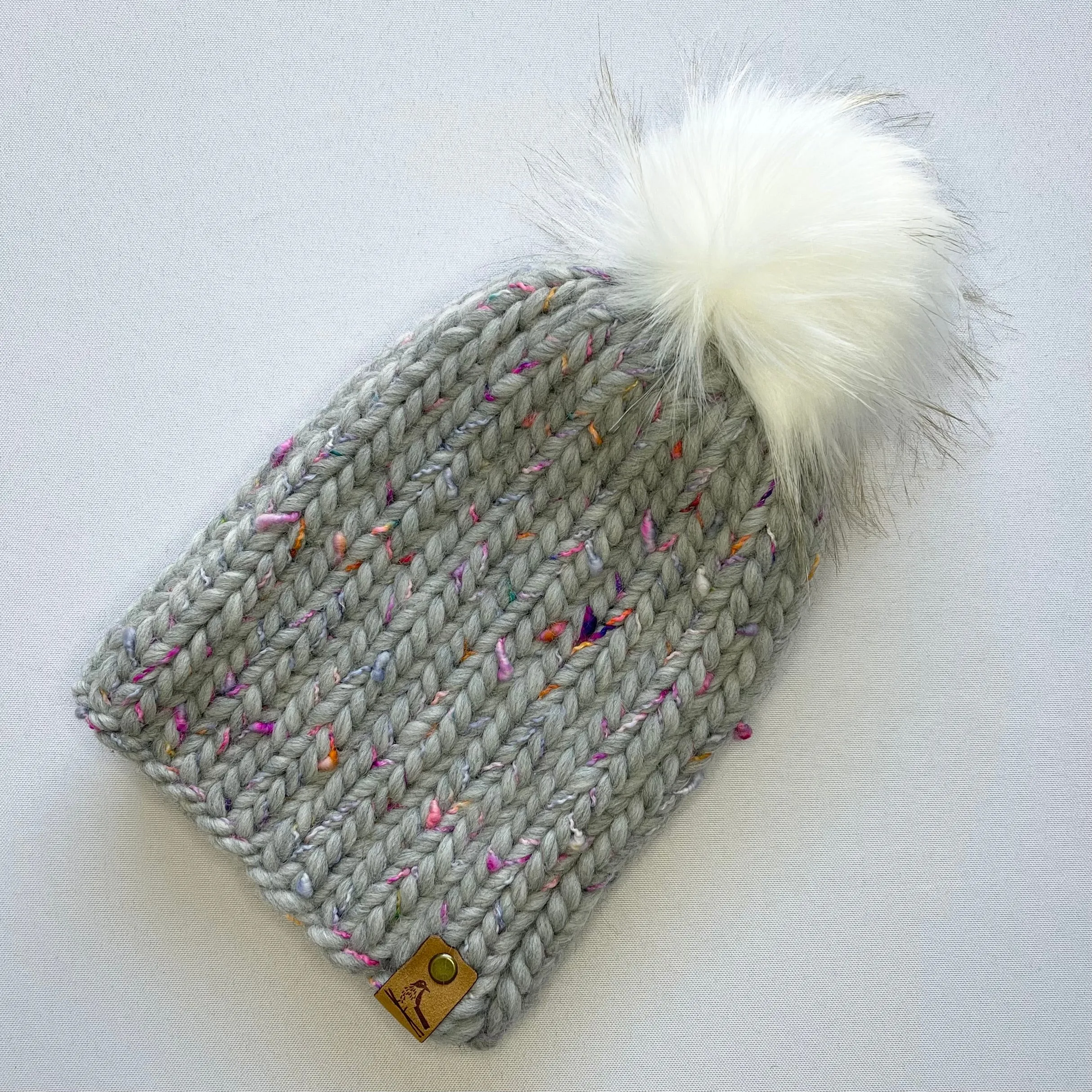 Grey Multi-Color Peruvian Wool Knit Hat with Faux Fur Pom Pom