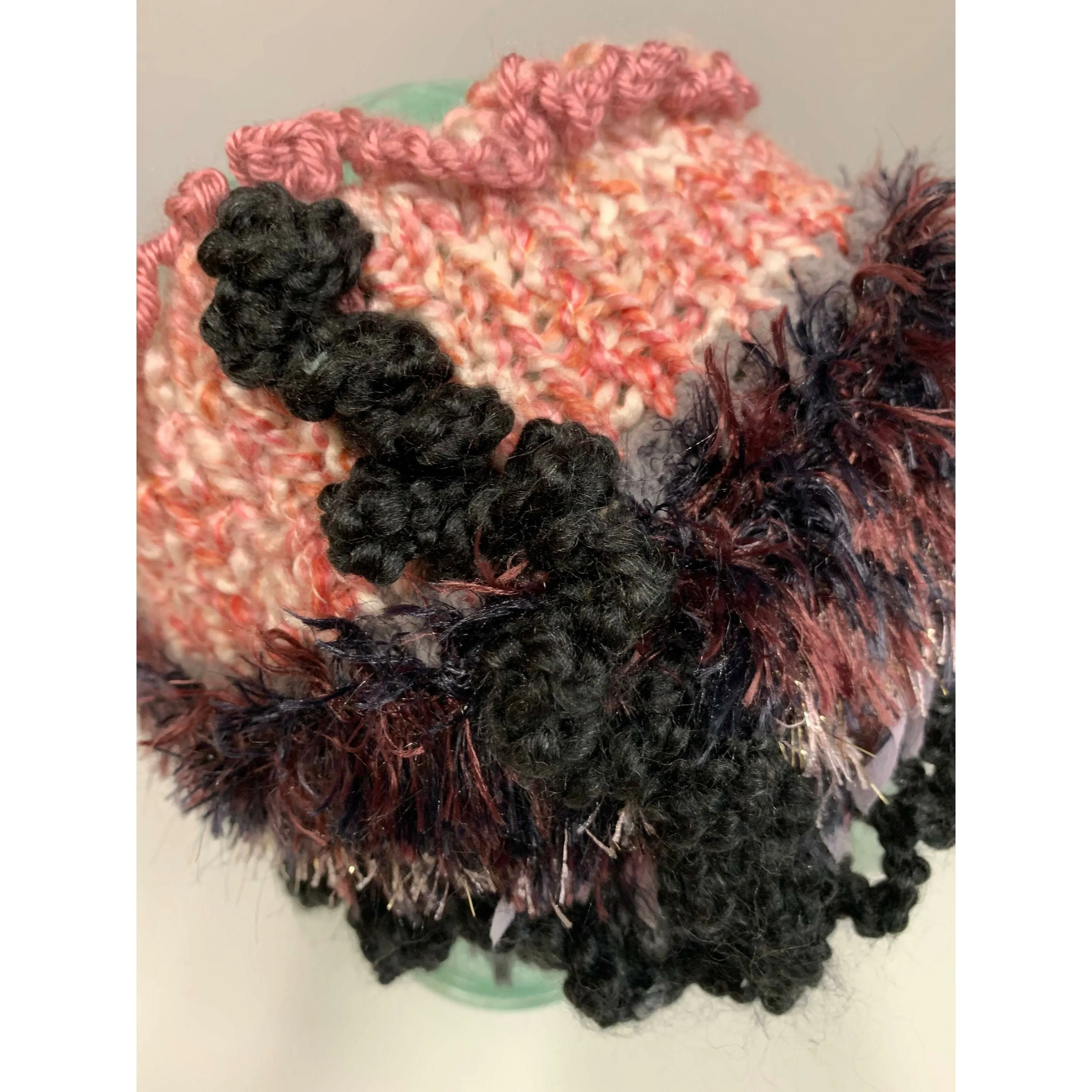 Hand knit in one piece pink, black, gray soft infinity scarf or Head band hat adornment with multiple stitch and color textures. Non wool.