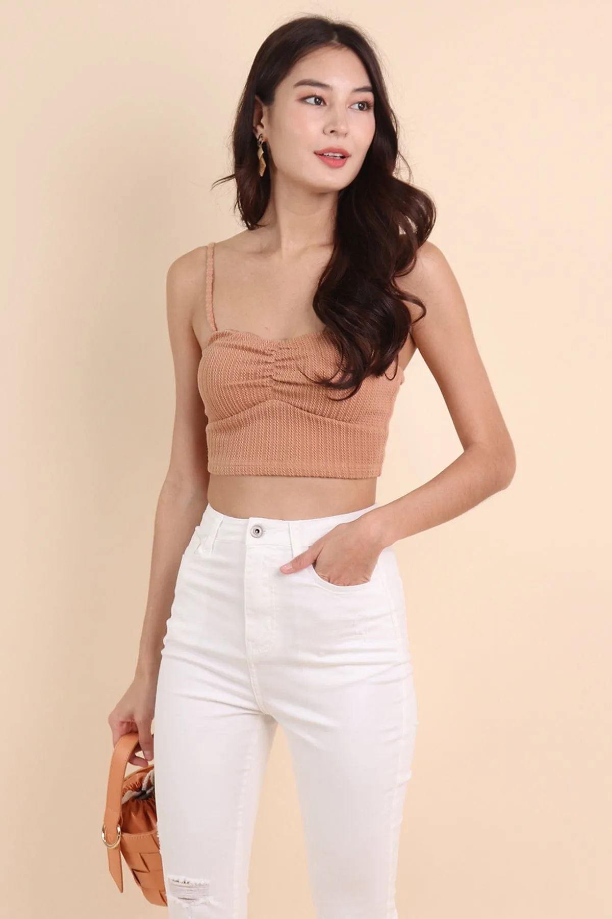 HELENA WEAVED SWEETHEART CROP TOP IN TOFFEE