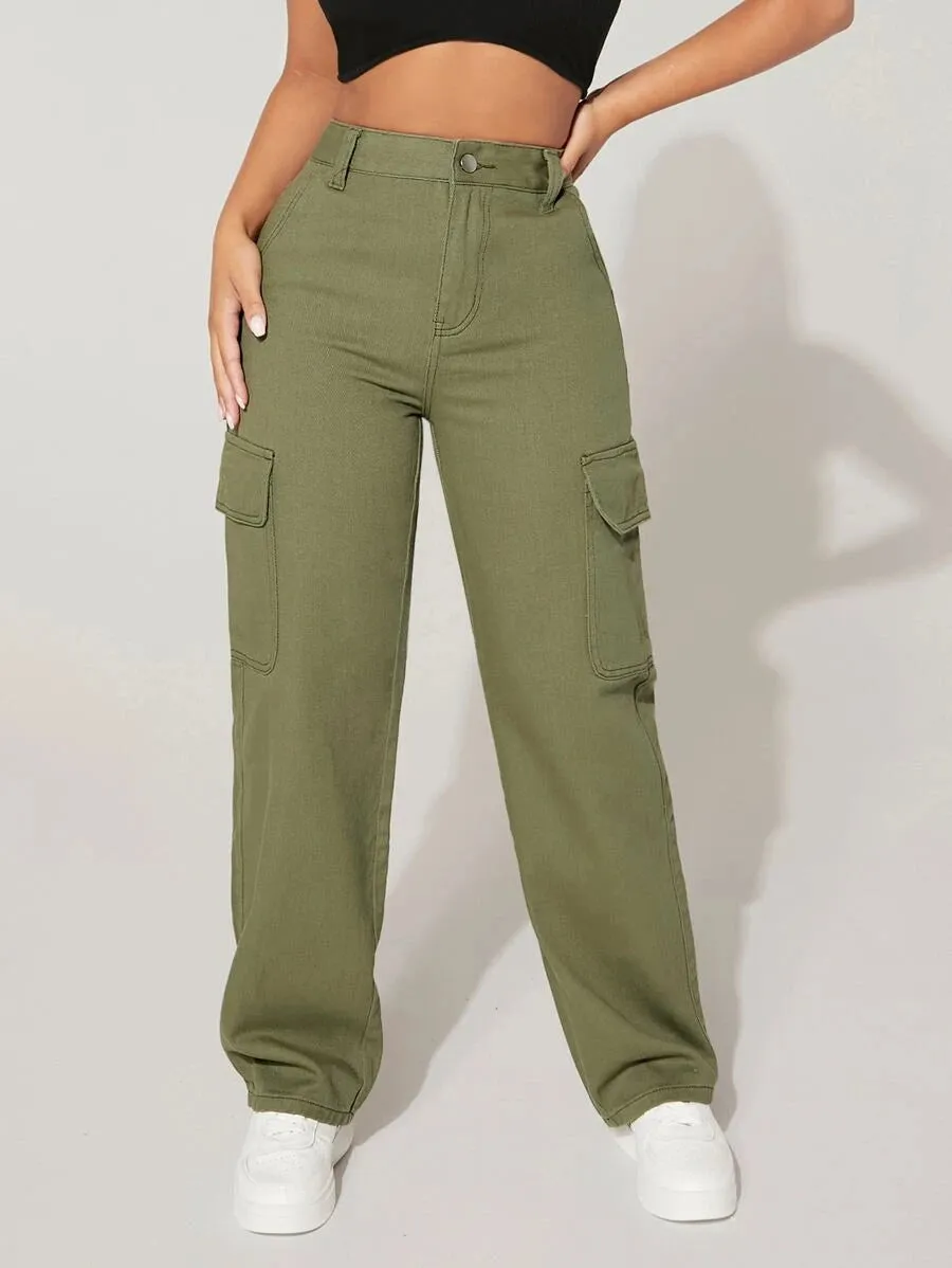 High Waist Flap Pocket Easy Wear Cargo Jeans