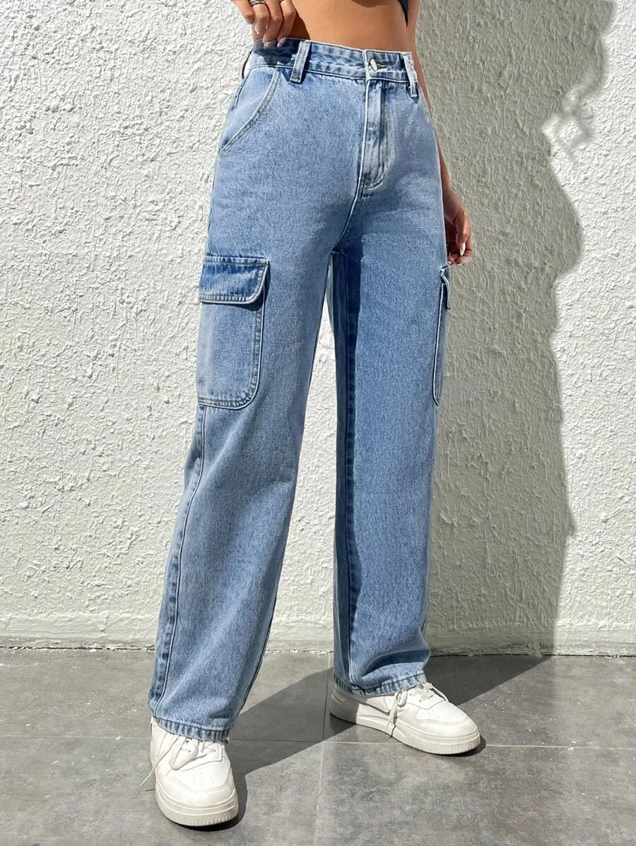 High Waist Flap Pocket Easy Wear Cargo Jeans