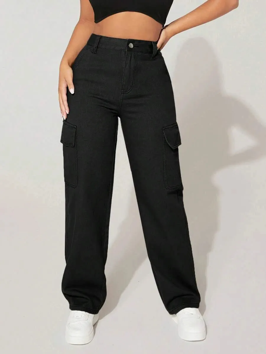 High Waist Flap Pocket Easy Wear Cargo Jeans