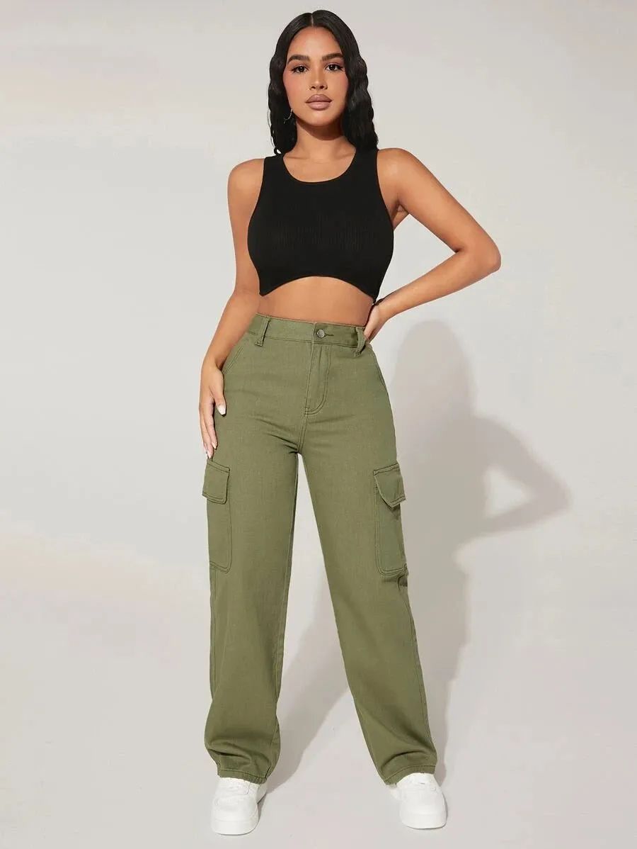 High Waist Flap Pocket Easy Wear Cargo Jeans