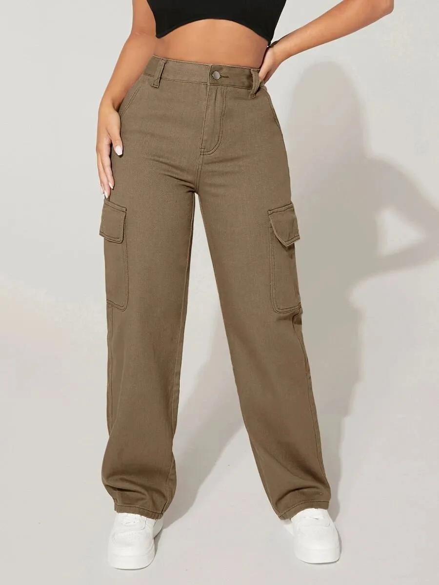 High Waist Flap Pocket Easy Wear Cargo Jeans