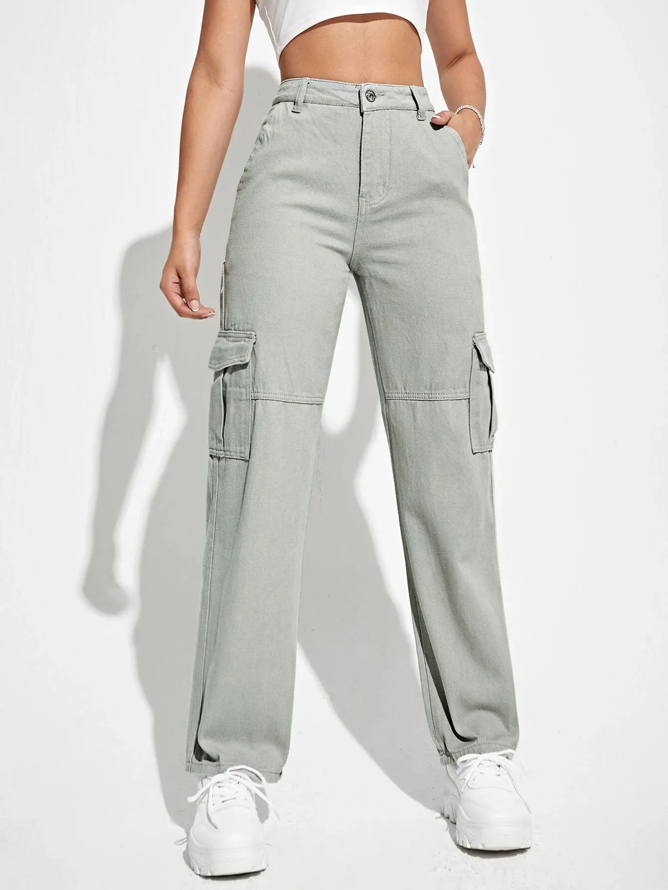 High Waist Flap Pockets Cargo Jean