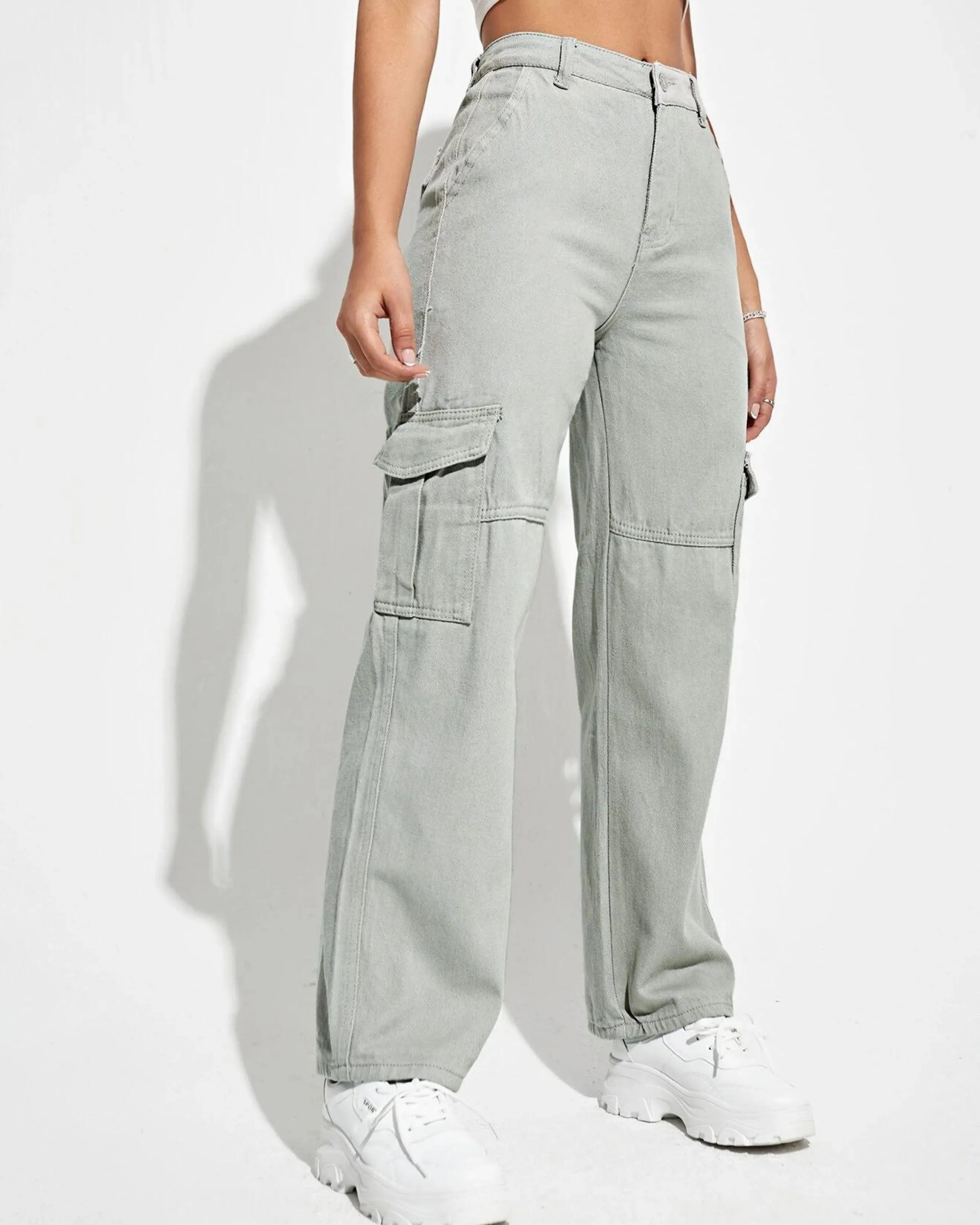 High Waist Flap Pockets Cargo Jeans