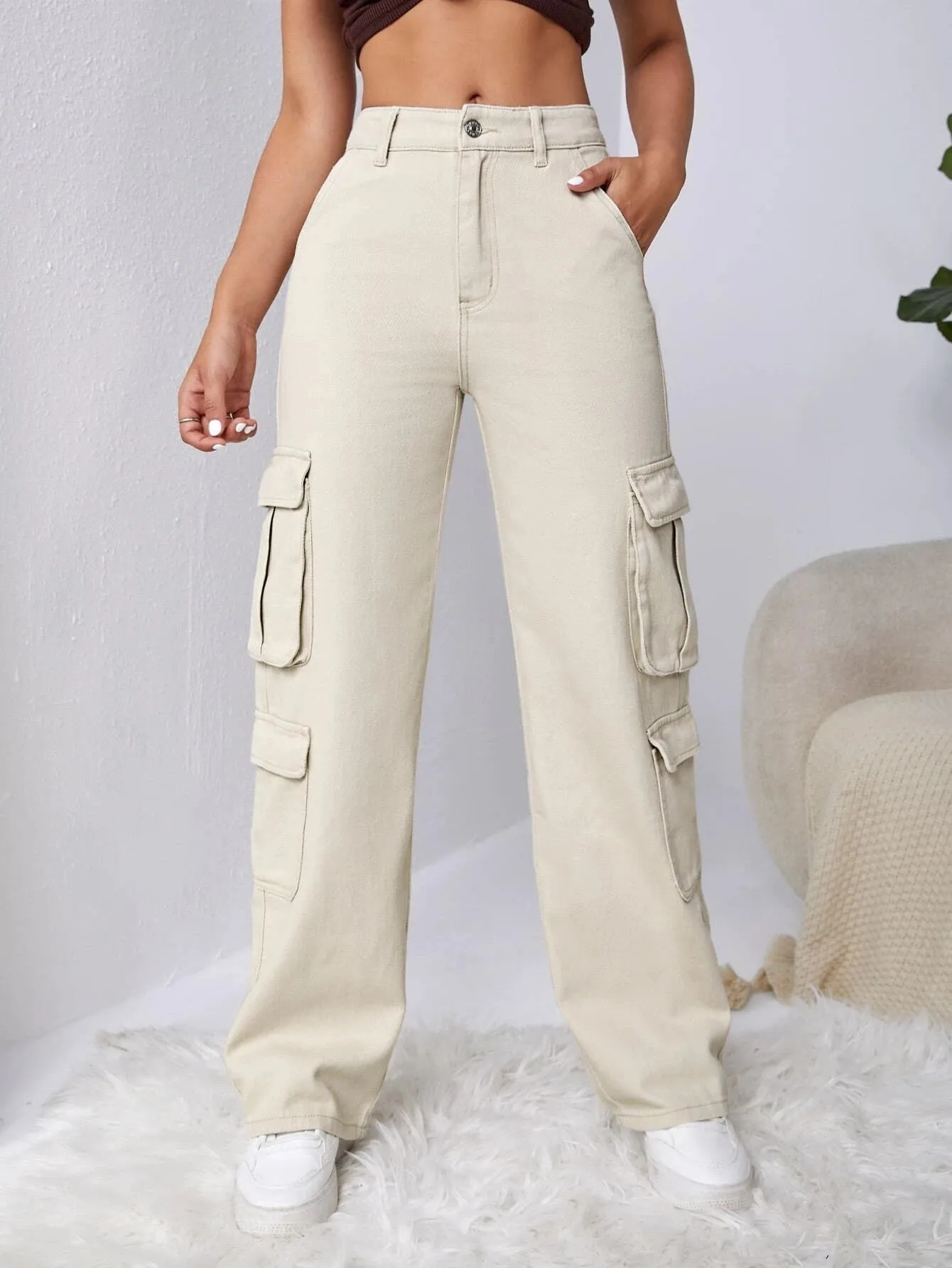 High Waisted Flap Pocket Cargo Jeans