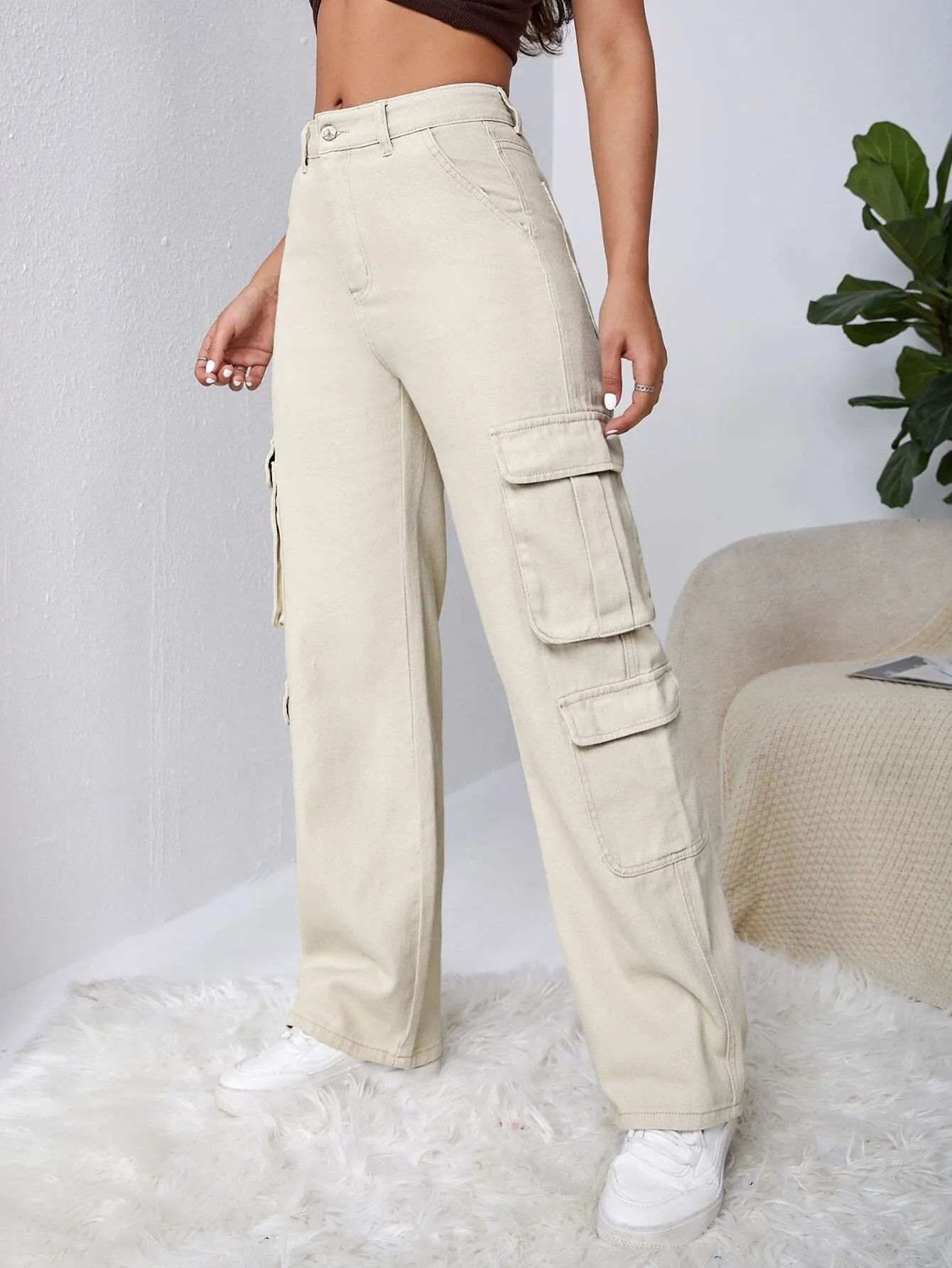 High Waisted Flap Pocket Cargo Jeans