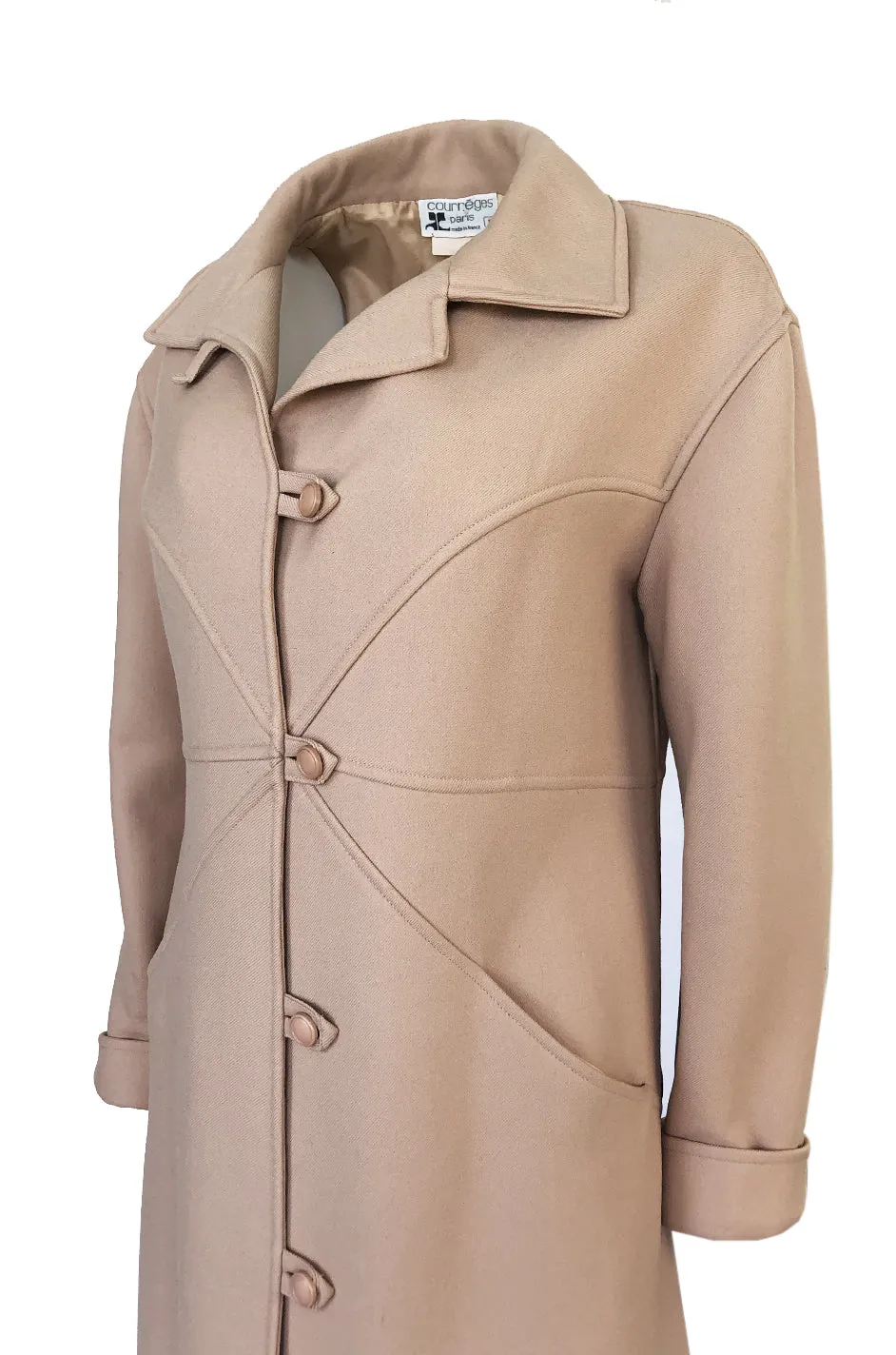 Immaculate 1960s Courreges Unusually Seamed Camel Toggle Coat