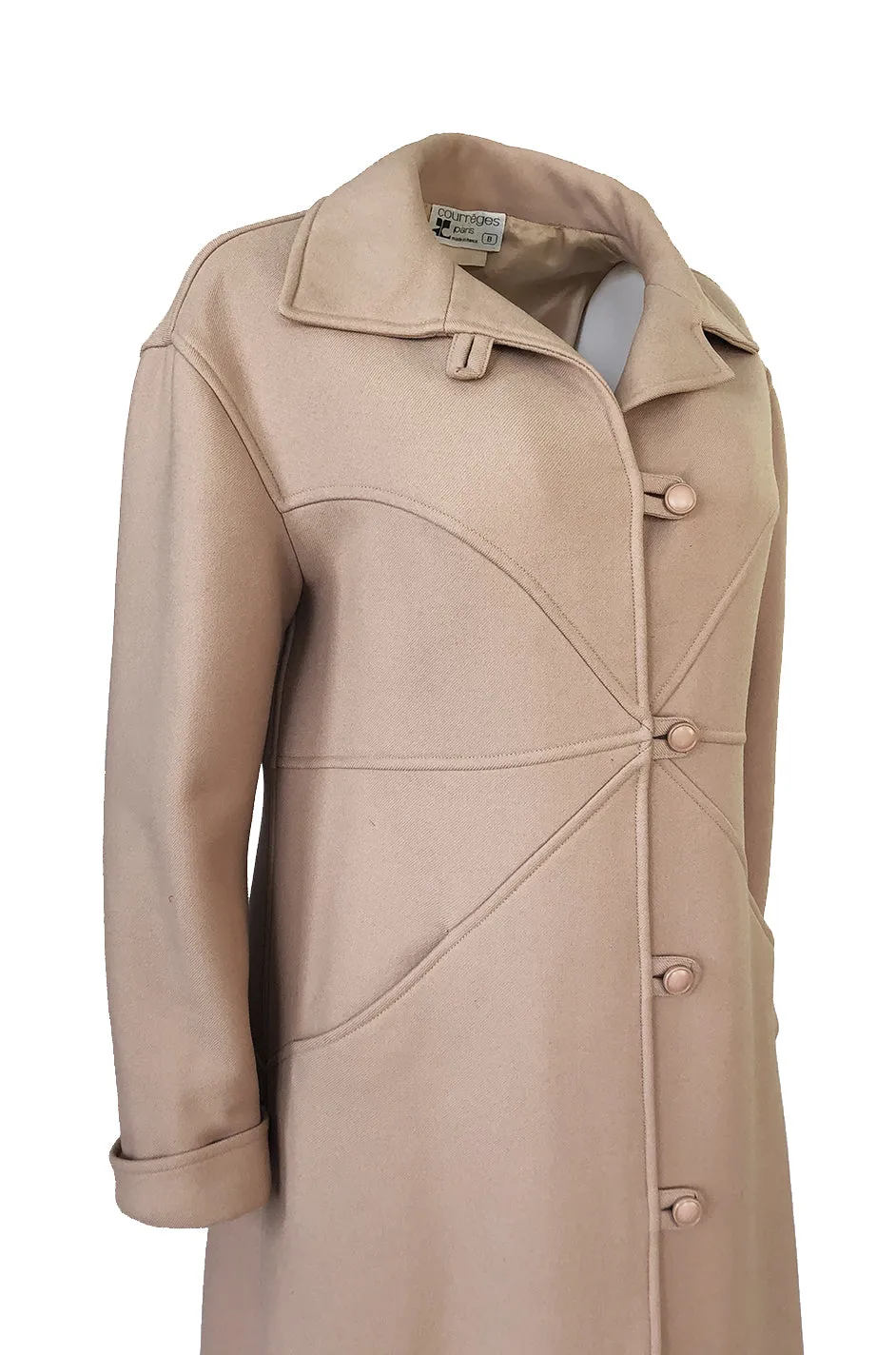 Immaculate 1960s Courreges Unusually Seamed Camel Toggle Coat