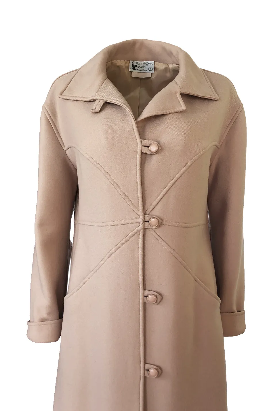 Immaculate 1960s Courreges Unusually Seamed Camel Toggle Coat