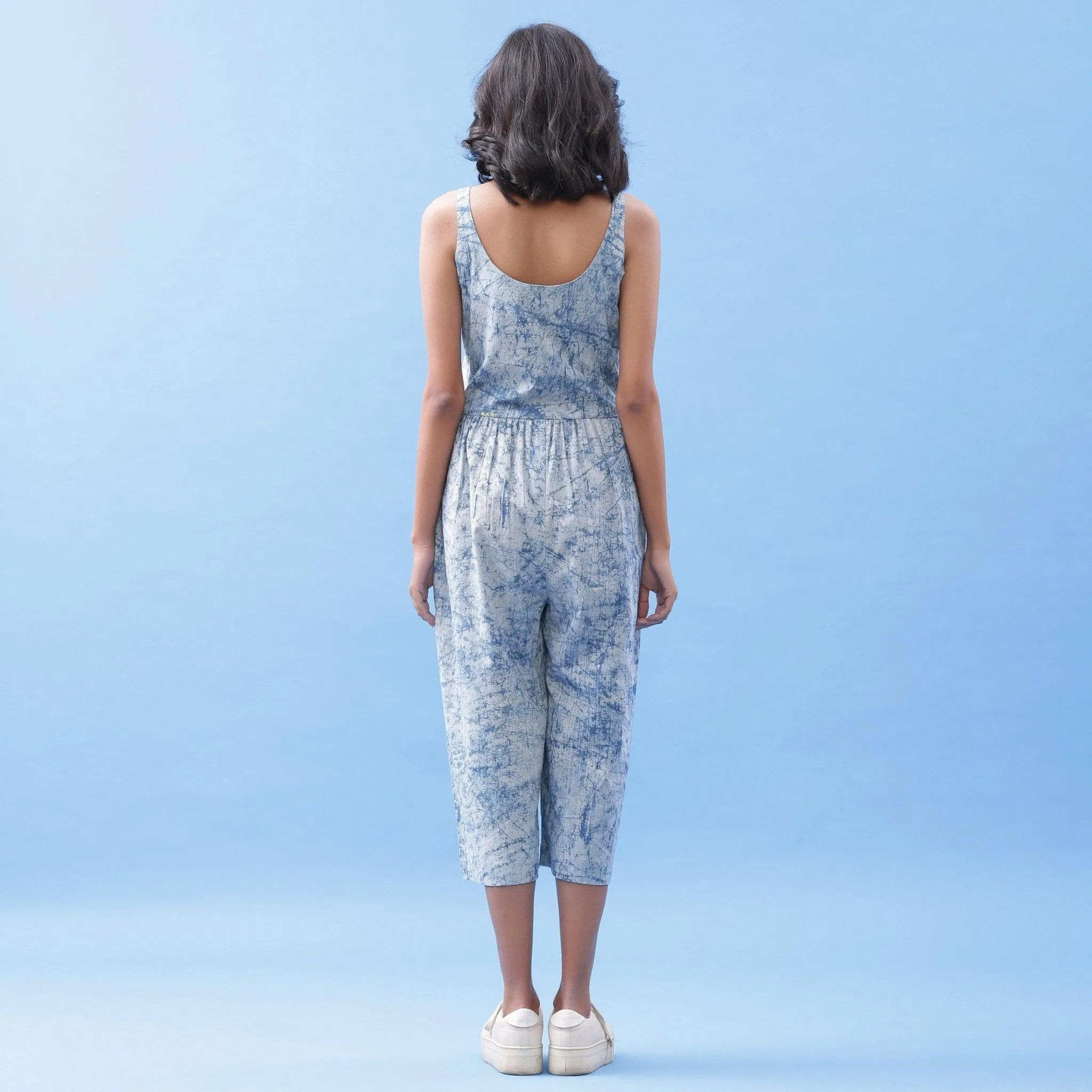 Indigo Dabu Print Cotton Button-Down Midi Jumpsuit