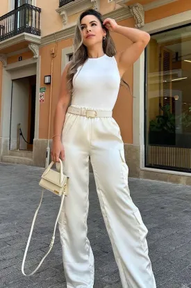 Ivory Satin High Waist Wide Leg Cargo Pants