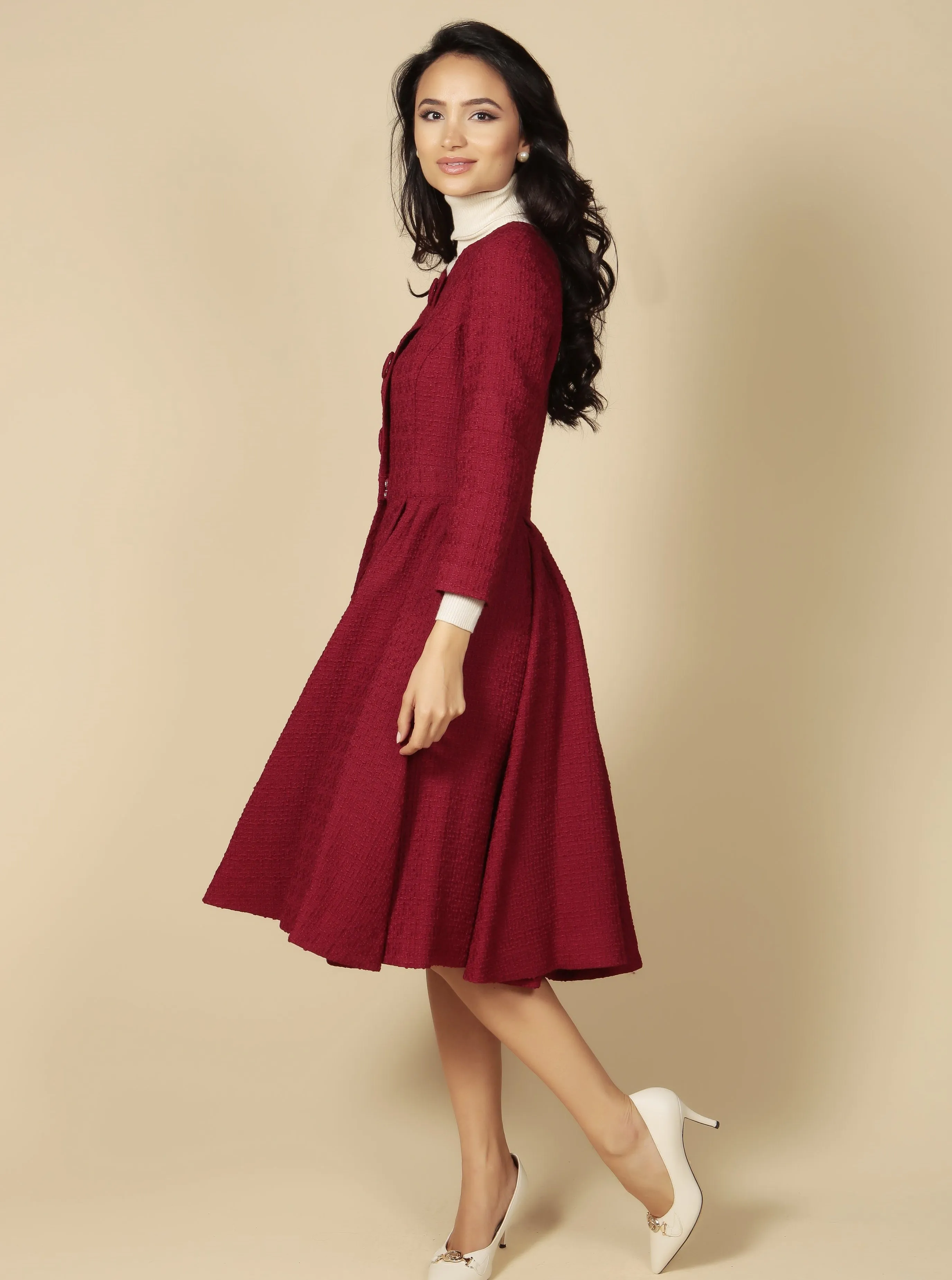 'Lady' Italian Wool Swing Dress Coat in Rosso