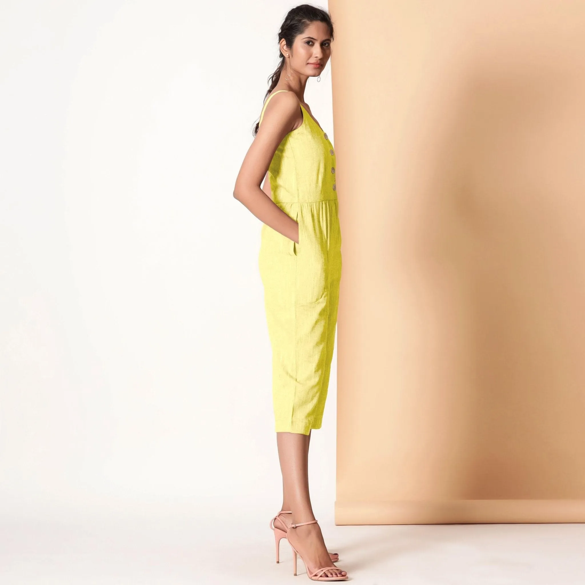 Lemon Yellow Cotton Sleeveless Button-Down Jumpsuit